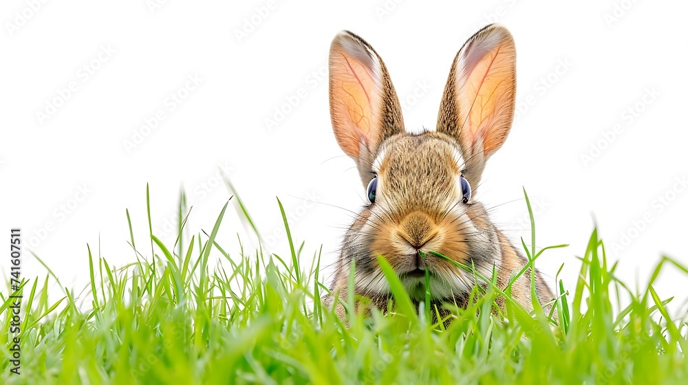 Obraz premium Hidden easter rabbit in a green meadow isolated on white background