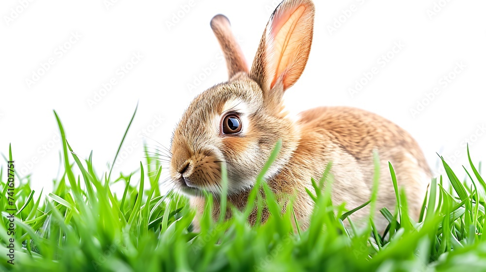 Hidden easter rabbit in a green meadow isolated on white background Hidden easter rabbit in a green meadow isolated on white background