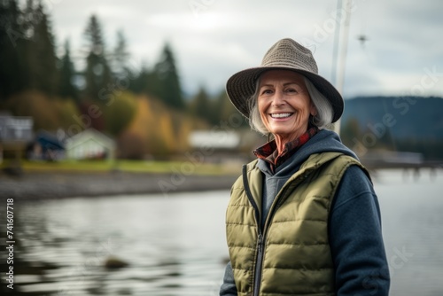 Portrait of smiling senior woman in hat and coat standing by lake. © Nerea