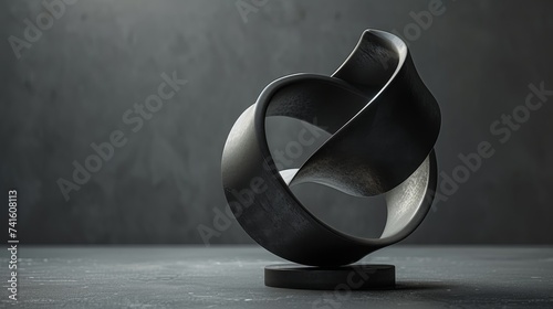 A 3D rendered scene with a smooth, abstract sculpture resembling intertwined ribbons against a stark, modern matte black background.