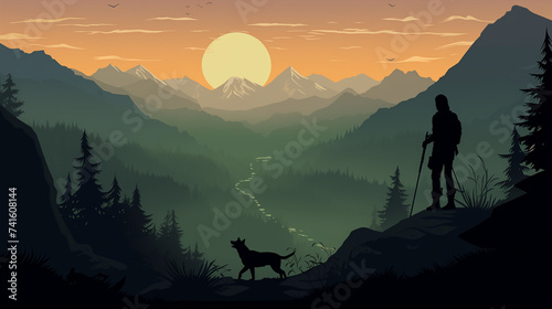 Sunset Trek in the mountains: Man and Dog Silhouettes in Flat Vector Mountain Landscape 