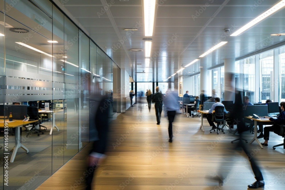  Dynamic and bustling modern office environment, with people walking in blurred motion.