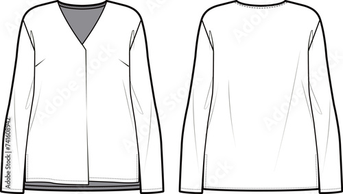  Technical flat sketch of Tuck V-neck Blouse. Pleat detailed top. Front and back apparel. Vector mock up Template. 