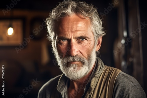 The wise look of an elderly man with a gray beard, lean built, standing in the heart of a quaint, old town