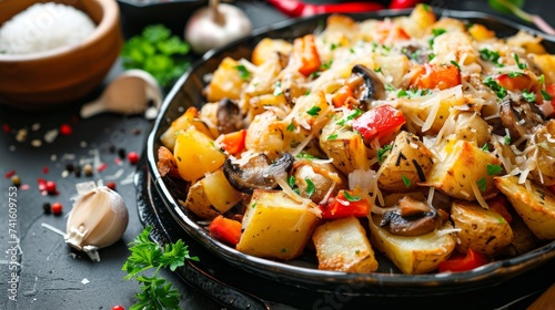 Fried potatoes with mushrooms and vegetables in a frying pan on a black background, selective focus photo