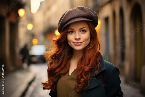 Elegant young lady with auburn hair and beret, casting a long shadow on a cobblestone street, under the soft light of the setting sun © aicandy
