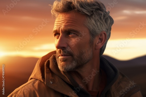 A Man of Age and Experience, His Tanned and Rugged Face Reflecting the Beauty of a Tranquil Mountain Sunset Scene
