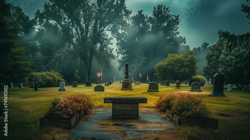 Tranquil Cemetery Shrouded In Mist, With American Flags Fluttering Amongst Tombstones Lush Greenery