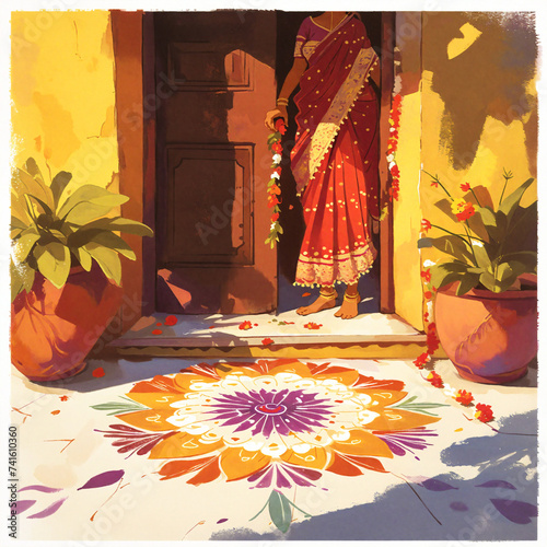 Colorful rangoli pattern adorning a home's entrance. And woman in a saree at the doorstep. Holiday and cultural concept. Illustration for festive poster, greeting card, postcard or invitation.