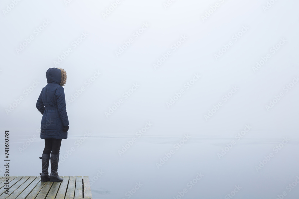 Young adult woman standing on edge of footbridge and staring at lake in cold day. Mist over water. Foggy air. Peaceful atmosphere. Spending time alone in nature. Empty place for text. Back view.