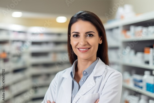 A Dedicated Female Pharmacist Poses in Her Professionally Organized Pharmacy, Encircled by Various Medicines and Health Items