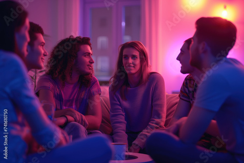 Group of Young Adults Engaging in a Friendly Conversation in a Room with Ambient Lighting