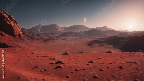 sunset in the mountains _A red planet with a rocky surface and mountains. The planet has a thin atmosphere and a dusty sky. 