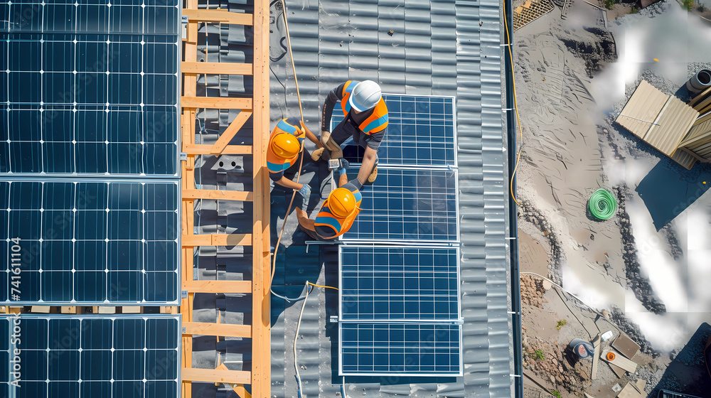 workers installing solar panels on a modern house roof