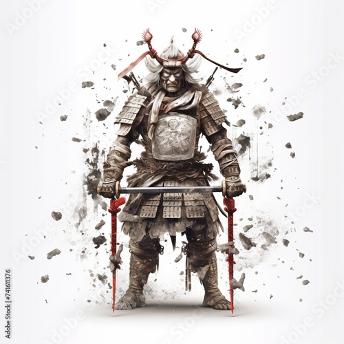 A samurai in armor depicted holding two swords in a drawing