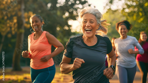 A group of vibrant women adorned in colorful athletic clothing with beaming smiles, joyfully run through a lush park surrounded by towering trees on a warm summer day