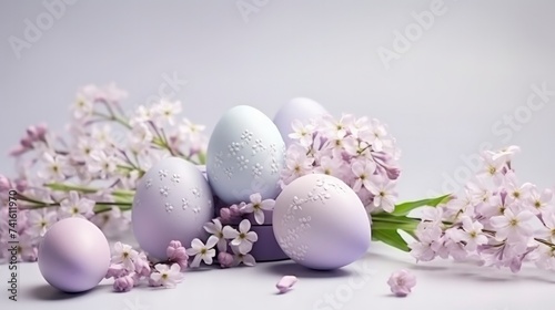 Decorated Easter eggs with spring flowers. Easter holiday card. Delicate pastel colors  happy easter background