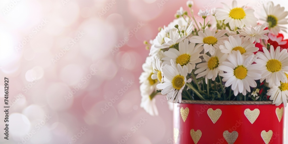 Bouquet of white daisies in a beautiful red pot with gold hearts on a light pink background with copy space