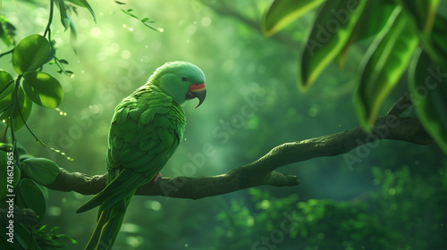 Against a backdrop of lush greenery, a green parrot sits regally on a branch, its presence a testament to the resilience of wildlife in their natural habitat