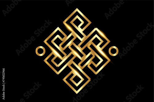 The endless knot or eternal knot. Gold Samsara icon. Guts of Buddha, The bowels of Buddha. Happiness node, symbol of inseparability and dependent origination of existence and all phenomena in Universe photo