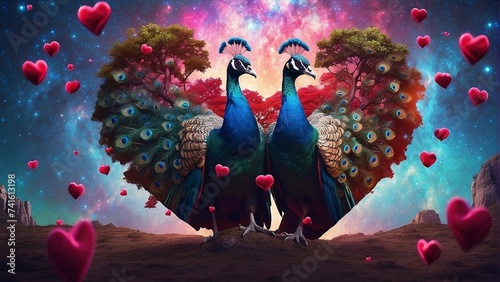 Peacocks couple under love tree