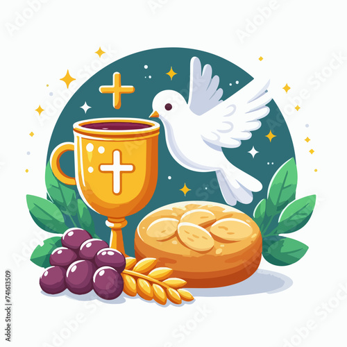 Chalice and host with wheat ears wreath grapes dove sign religion