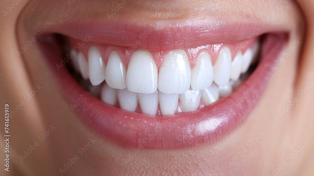 Obraz premium Close up of a beautiful smile with shining white teeth. Healthy beautiful female smile. Teeth health, whitening, prosthetics and care. AI
