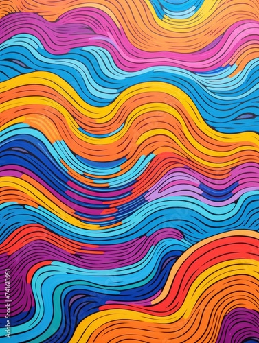 A painting featuring a dynamic wave formed by a multitude of colorful lines swirling and intersecting in a vibrant display of movement and energy.