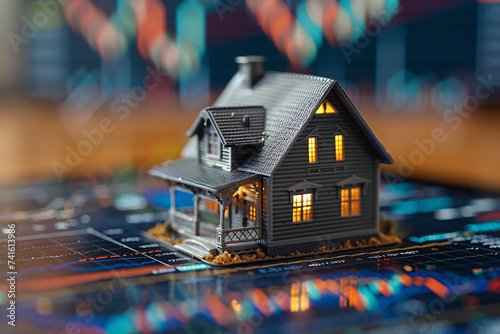 A miniature house in front of blurry charts and graphs, housing market, real estate investment concept photo