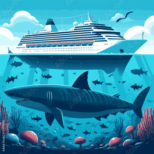 megalodon shark with ship size comparison illustration photo