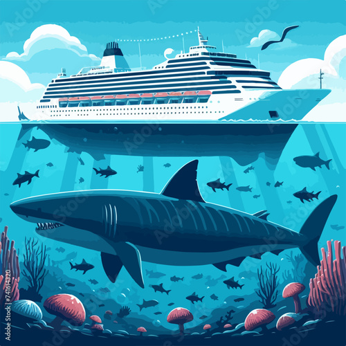 megalodon shark with ship size comparison illustration