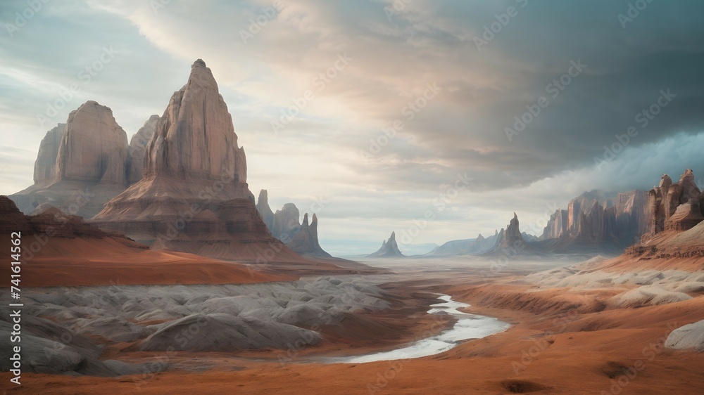 Fantasy landscape with a river in the desert.