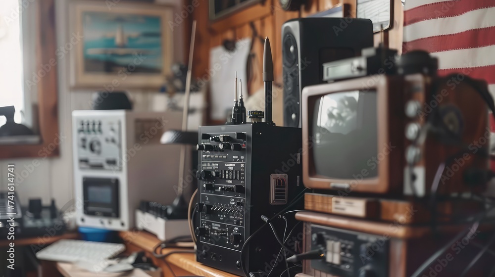 Radio transmitting station. Radio astronomer. Radio amateur setting up equipment. Radio transmitting station. Radio astronomer. Radio amateur setting up equipment.