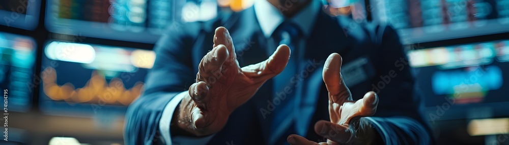 Businessman Gesturing in Front of Stock Market Screens