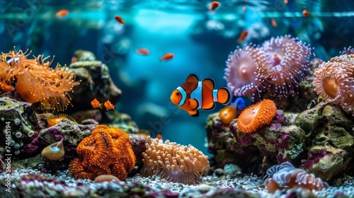 Colorful royal gramma fish swimming among vibrant corals in saltwater aquarium environment photo