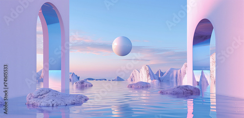 Abstract waterscape arches with floating sphere. Sky with serene background in pastel pink and purple tones. Surrealistic 3d rendering  soothing and rhythmic visual that give a sense of harmony.