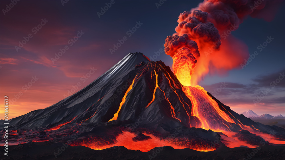 a volcano eruption with lava isolated on a natural background. fire in the volcano