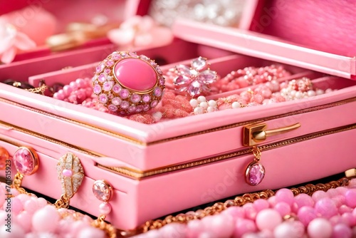Different elegant bijouterie in pink jewelry box, closeup