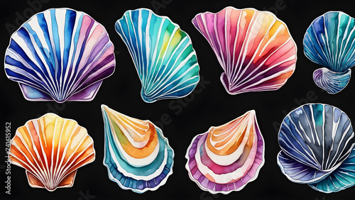 color doodle sea shell set on black background. set of shells