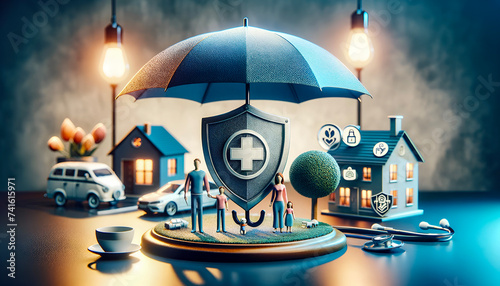 The insurance concept features a shield symbolizing protection alongside a family model under an umbrella to represent security, protection, and health insurance.