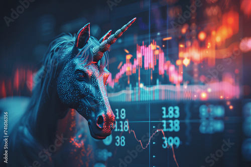 Unicorn startup concept, IPO finance stock charts and graphs background
