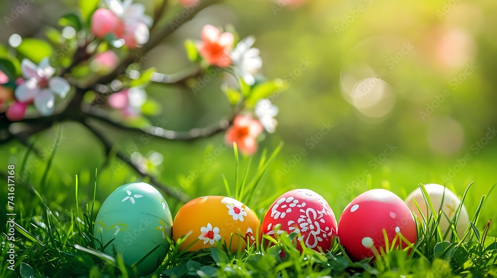 Colorful Easter eggs with blooming branches on green grass background Copy space Colorful Easter eggs with blooming branches on green grass background Copy space