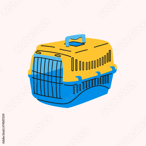 Pet carrier. Plastic carrying case for traveling with pets or visiting veterinarian. Animal transportation box . Flat style vector