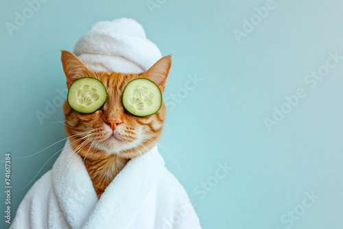 Cat relaxing in spa with cucumber slices on eyes. Cute cat in a bathrobe and turban on spa treatments. Beauty procedures, wellness, beauty, relaxation concept. Pet grooming, domestic pets treatment photo