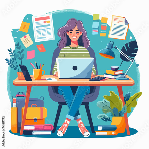 Woman Working at Home Office Character Sitting at Desk in Room