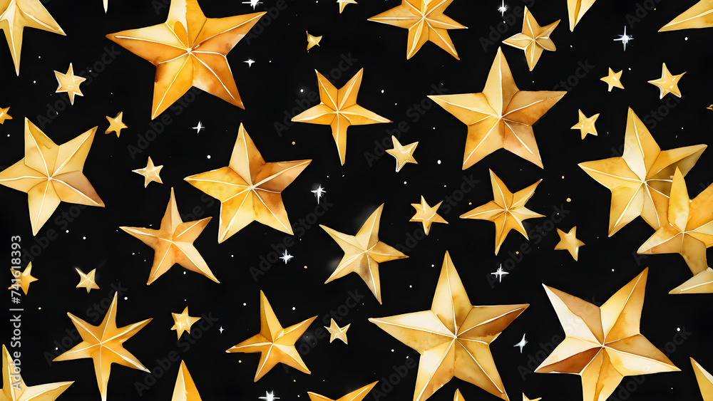 watercolor painted golden stars night time clipart hand drawn design elements isolated black background. stars background