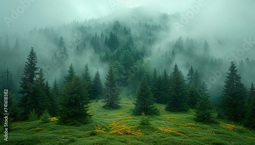 Misty landscape featuring a fir forest in a vintage retro aesthetic © Animager