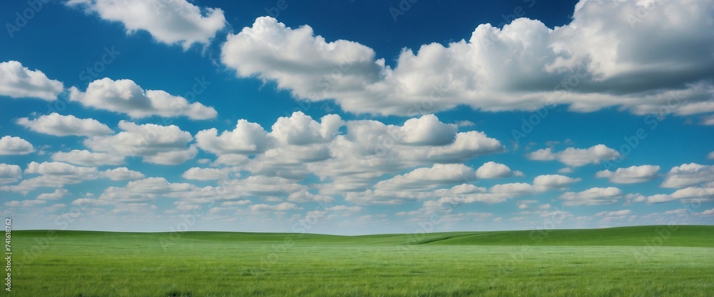 Field with short green grass under a blue sky with white clouds Field with short green grass under a blue sky with white clouds