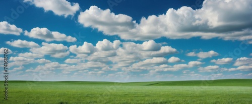 Field with short green grass under a blue sky with white clouds