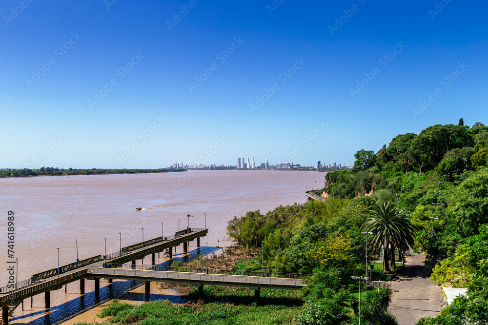 Rosario, Argentina. Panoramic view of the Paraná River and the city center in the background. View from the Costa Alta in the north of the city.